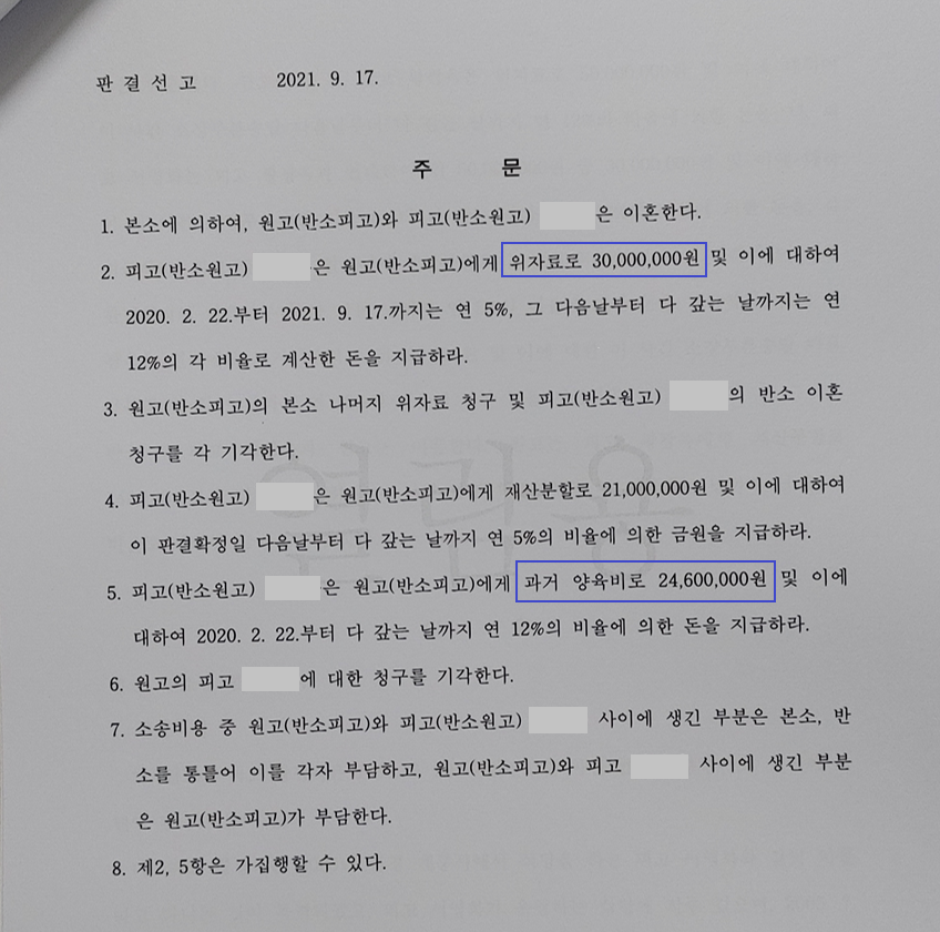 [위자료] 이혼 위자료 3천, 양육비 2,460만원